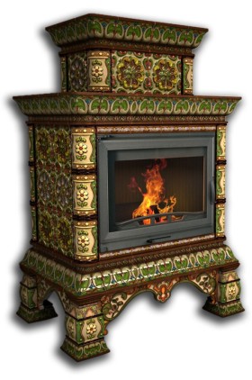 Печь-камин КОСТРОМА пристенный двухъярусный (цвет изразцов роспись Июнь) КИМРпечь                       